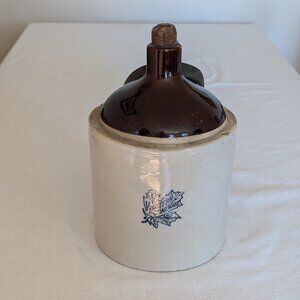 Antique Western Stoneware Crock Jug with Corncob Cork and Leather Strap RARE
